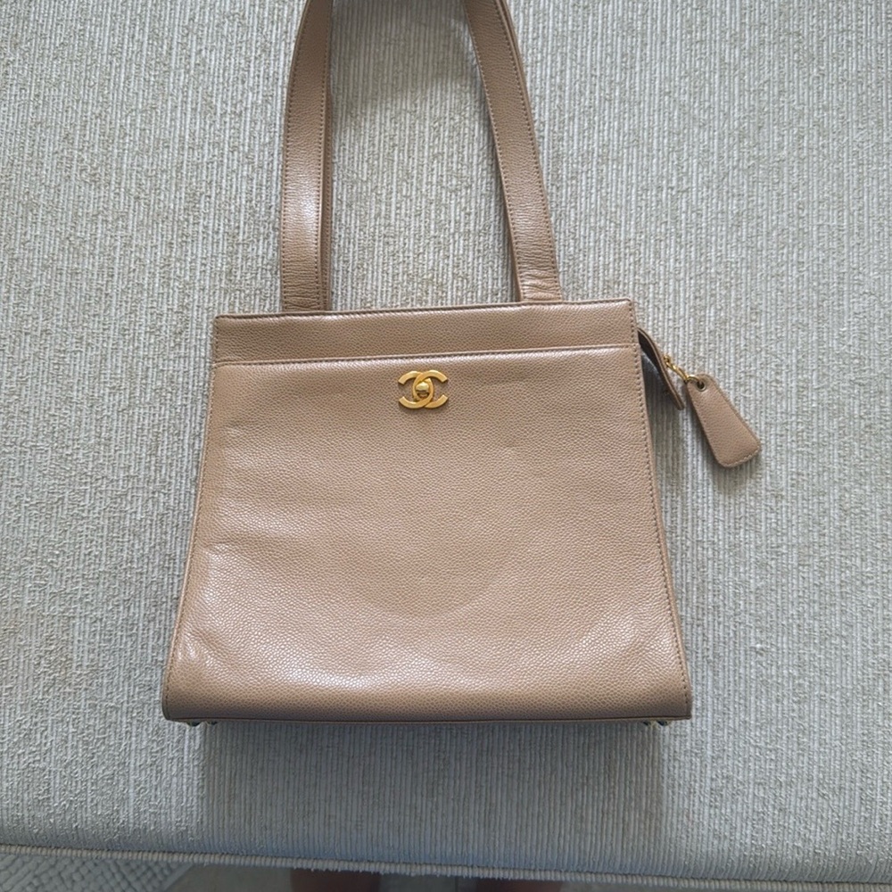 Chanel Tan Shoulder Bag with Gold Turn-Lock Closure